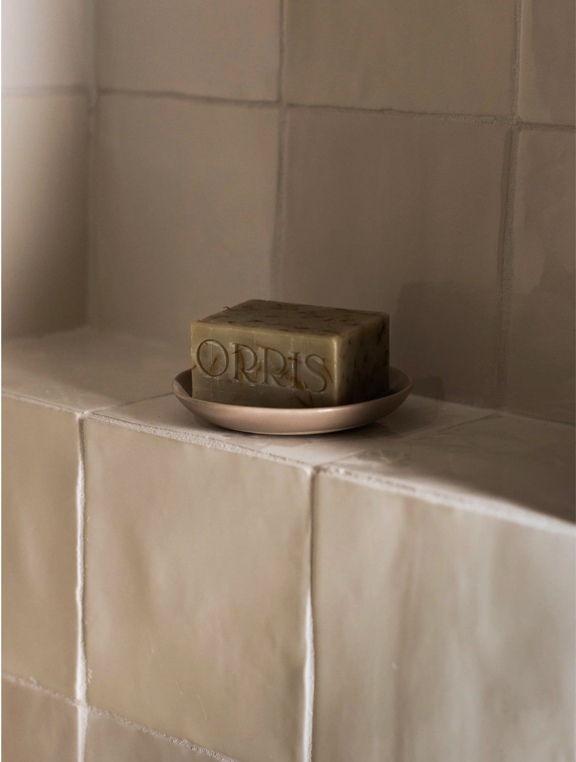 Bar of soap on a dish on a tiled ledge