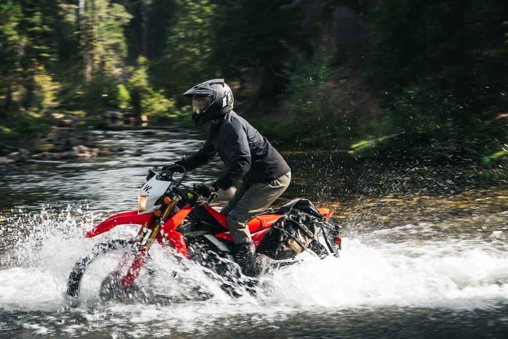 Motorbike splashing through a forest river